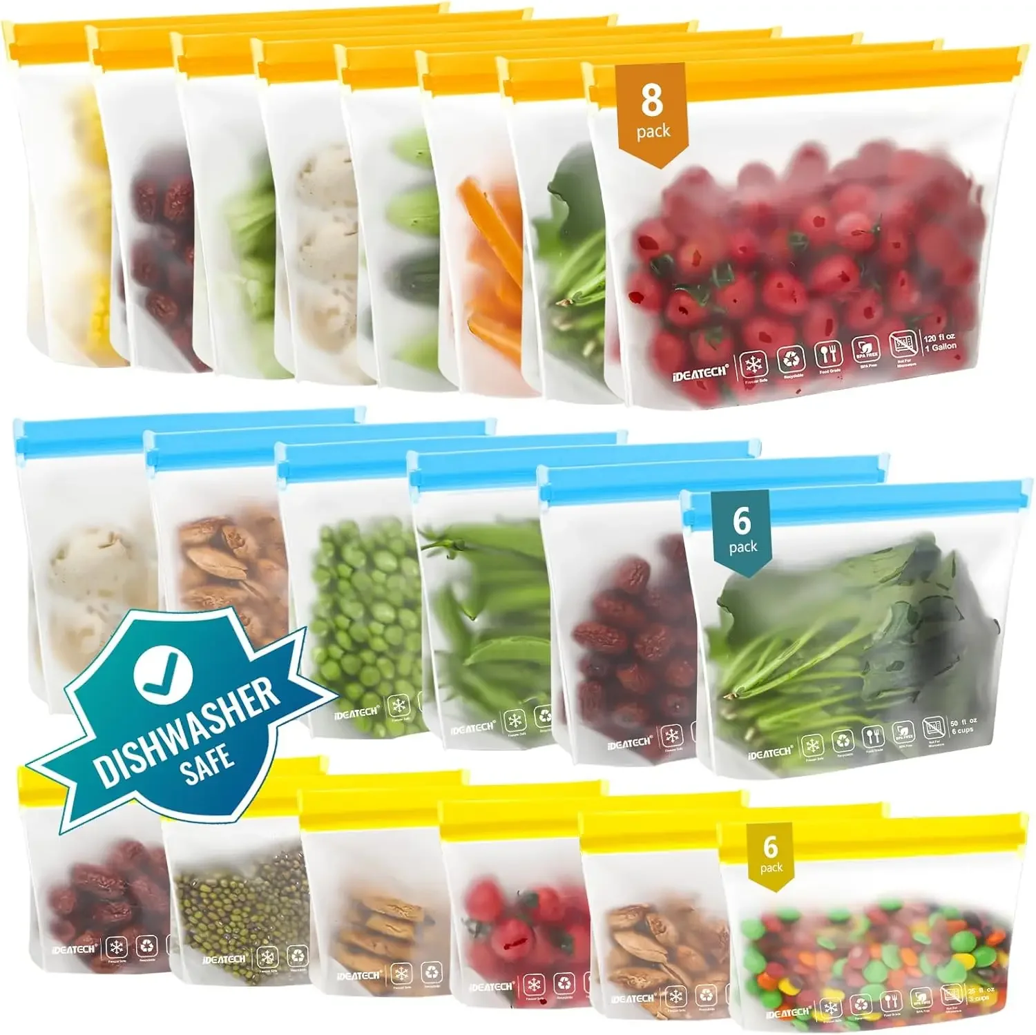 Food Storage Plastic Bag - 20Pack Reusable Bags Dishwasher Safe, Leakproof