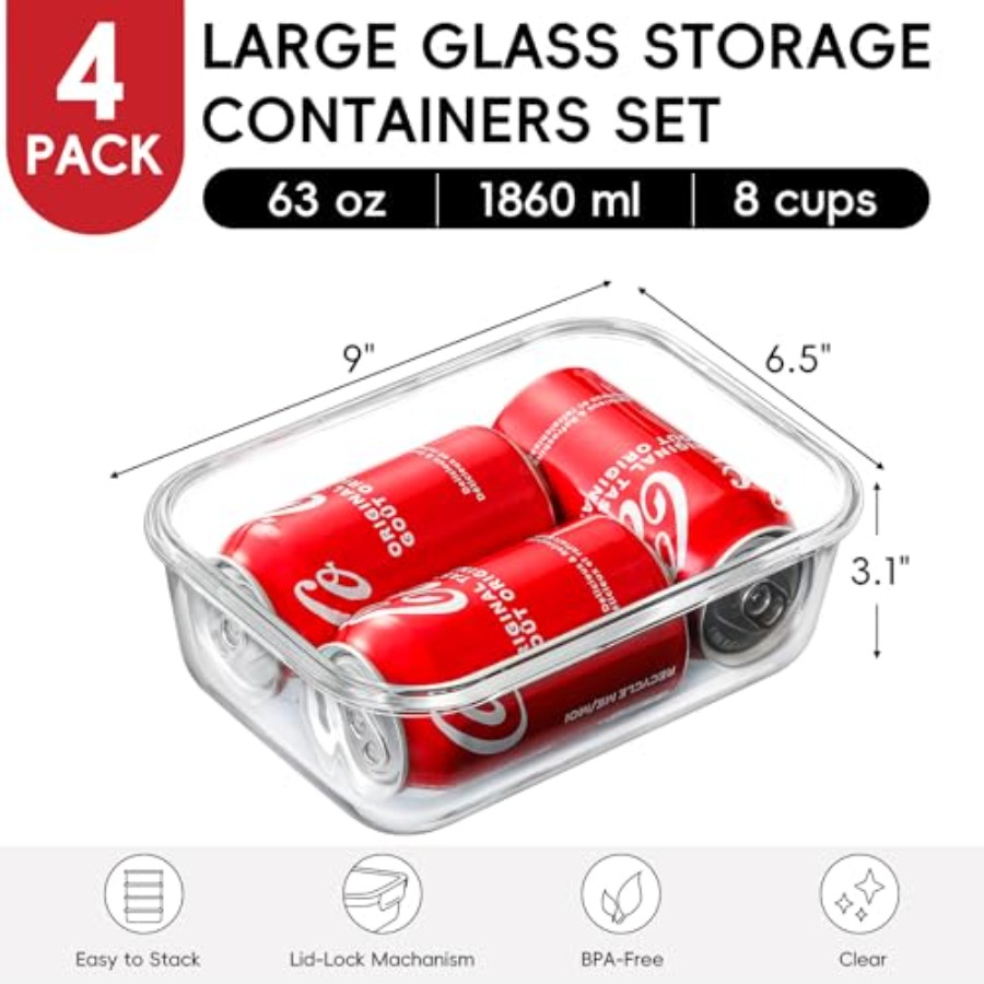 4 Pack 8 Cups/ 63oz Large Glas - Food Storage Airtight avaliação e preço