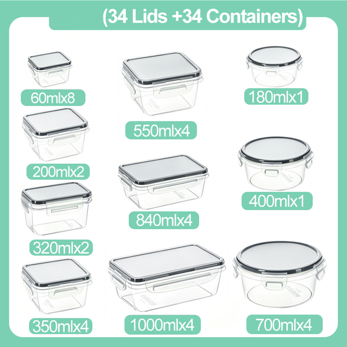 34PCS-Assorted Size Airtight F - Food Storage Boxes With Lids avaliação e preço